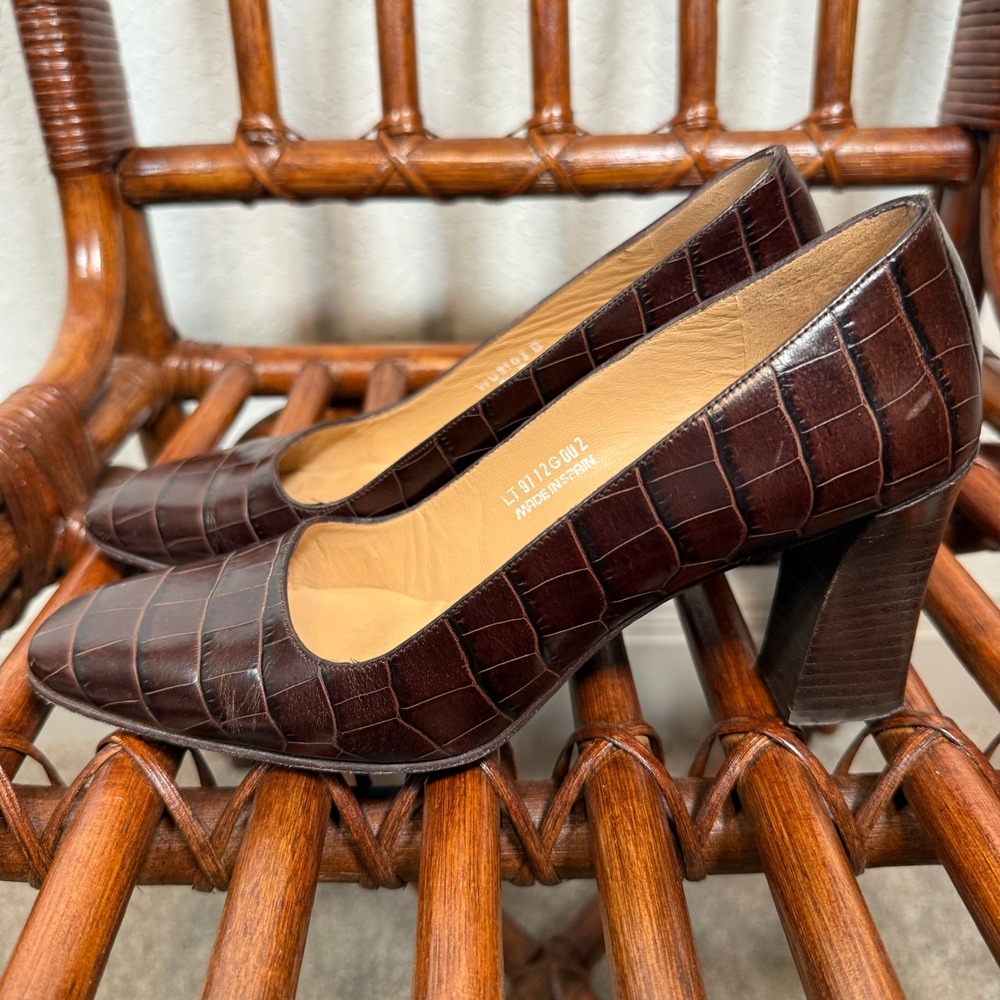Ralph Lauren Brown Croc Embossed Leather Square Toe Block Heel Pumps Spain 6.5 B